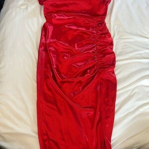 Windsor Red Satin Midi Dress with Side Ruching